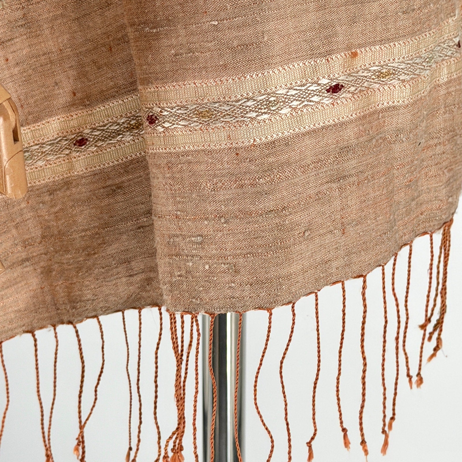 Beige 100% Silk Tribal Woven Raw Texture Fringe Wrap Scarf