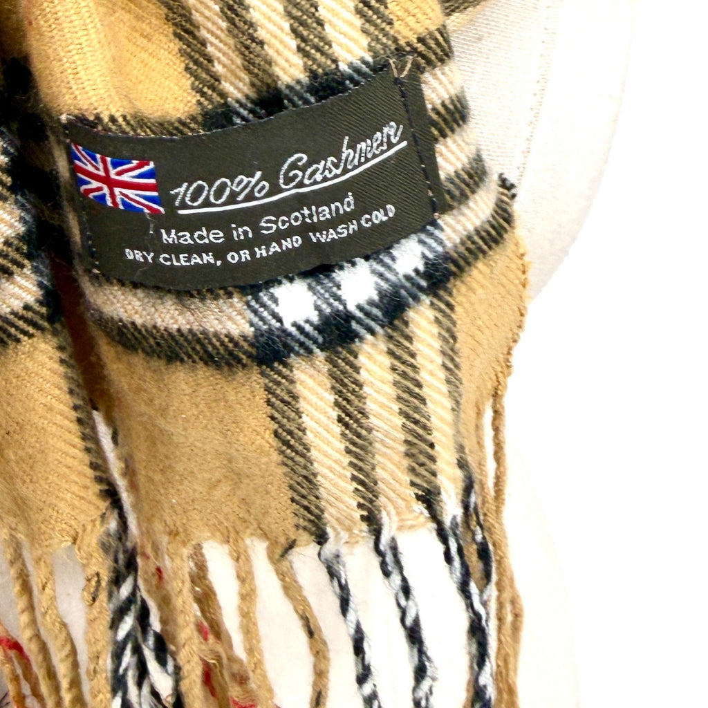 Vintage Y2K Beige Tartan Check 100% Cashmere Fringe Trim Scarf