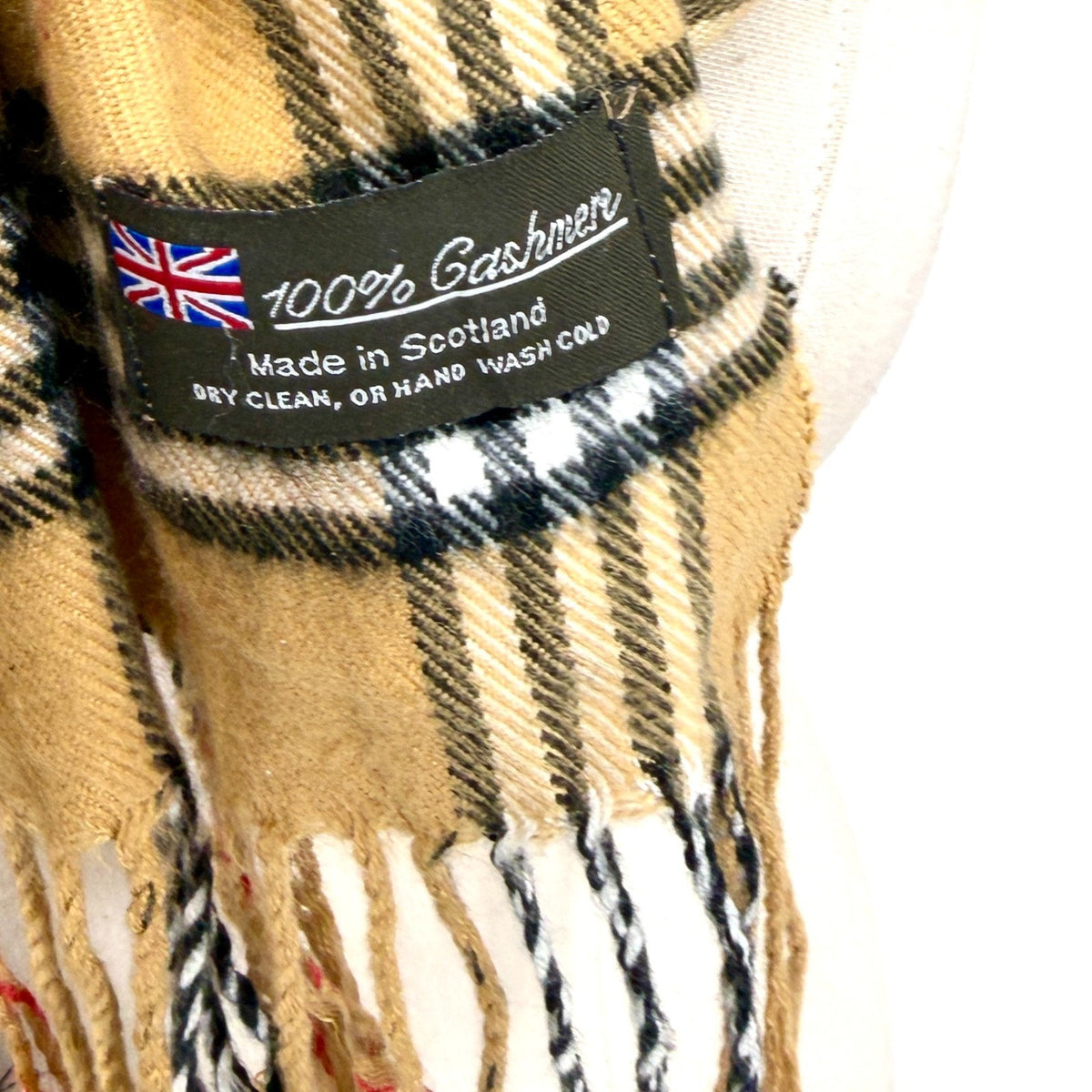 Vintage Y2K Beige Tartan Check 100% Cashmere Fringe Trim Scarf