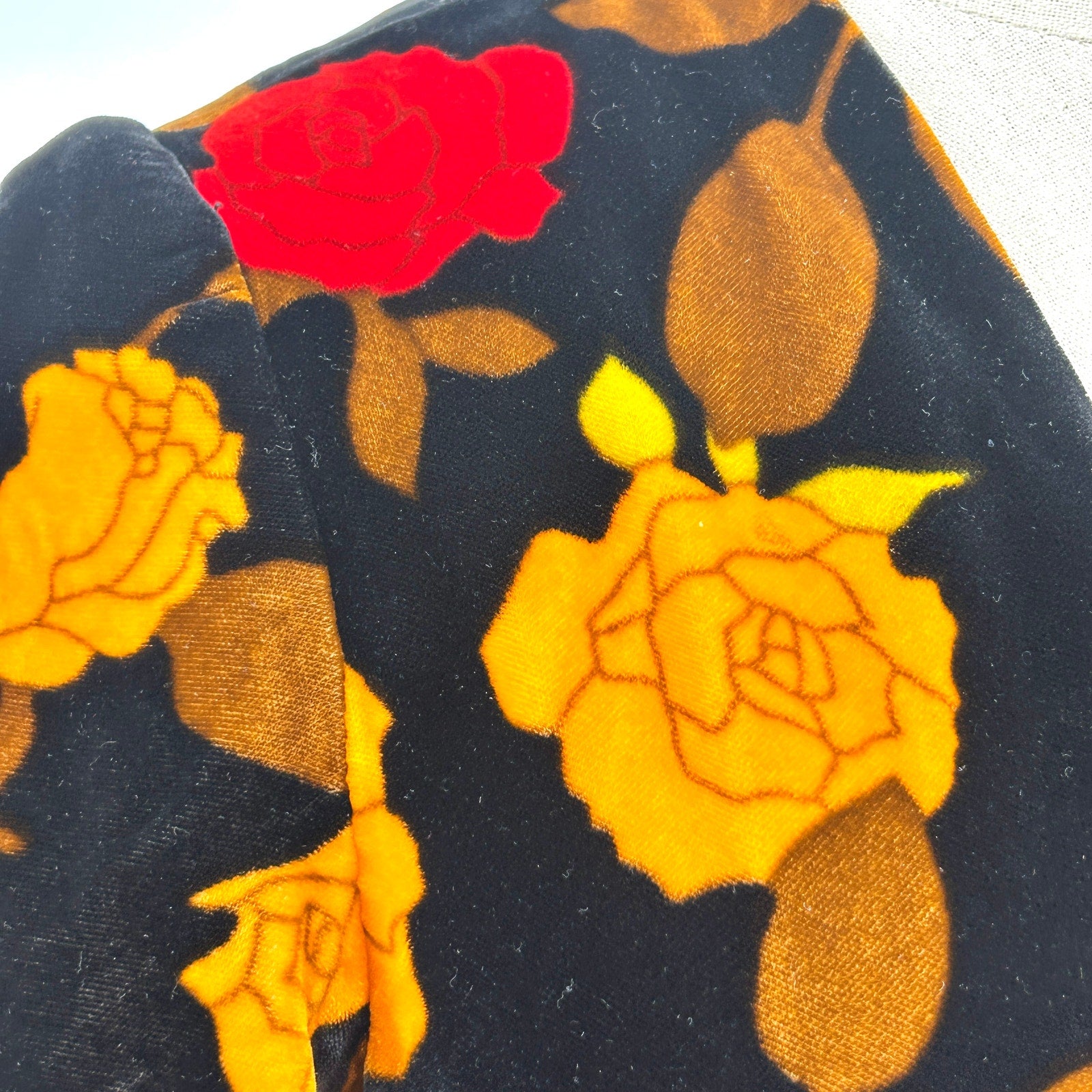 Vintage 90s Handmade Black Velvet Yellow Red Rose Floral Romantic Blouse