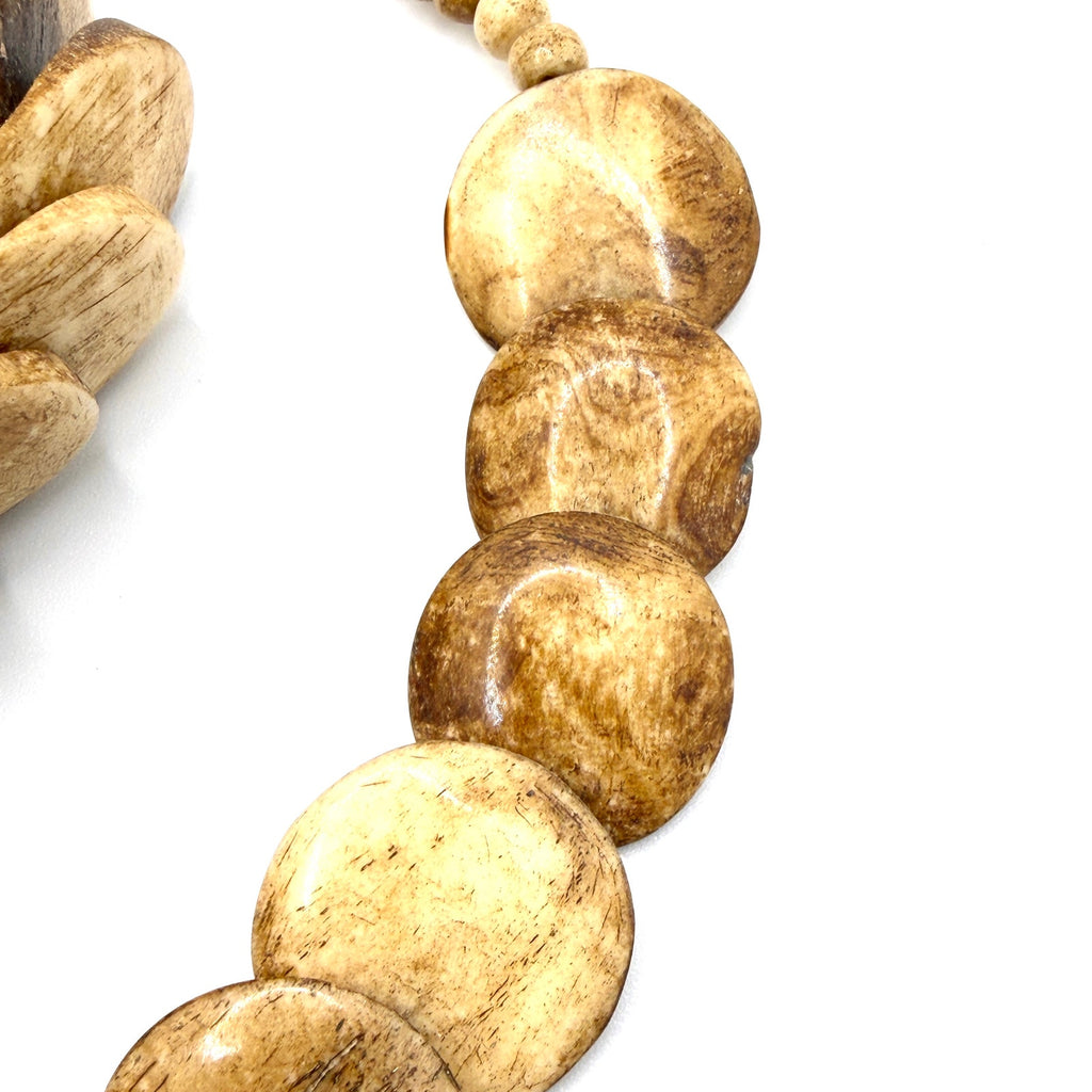 Vintage 90s Hand Carved Natural Bone Graduated Flat Disc Necklace Bracelet Set