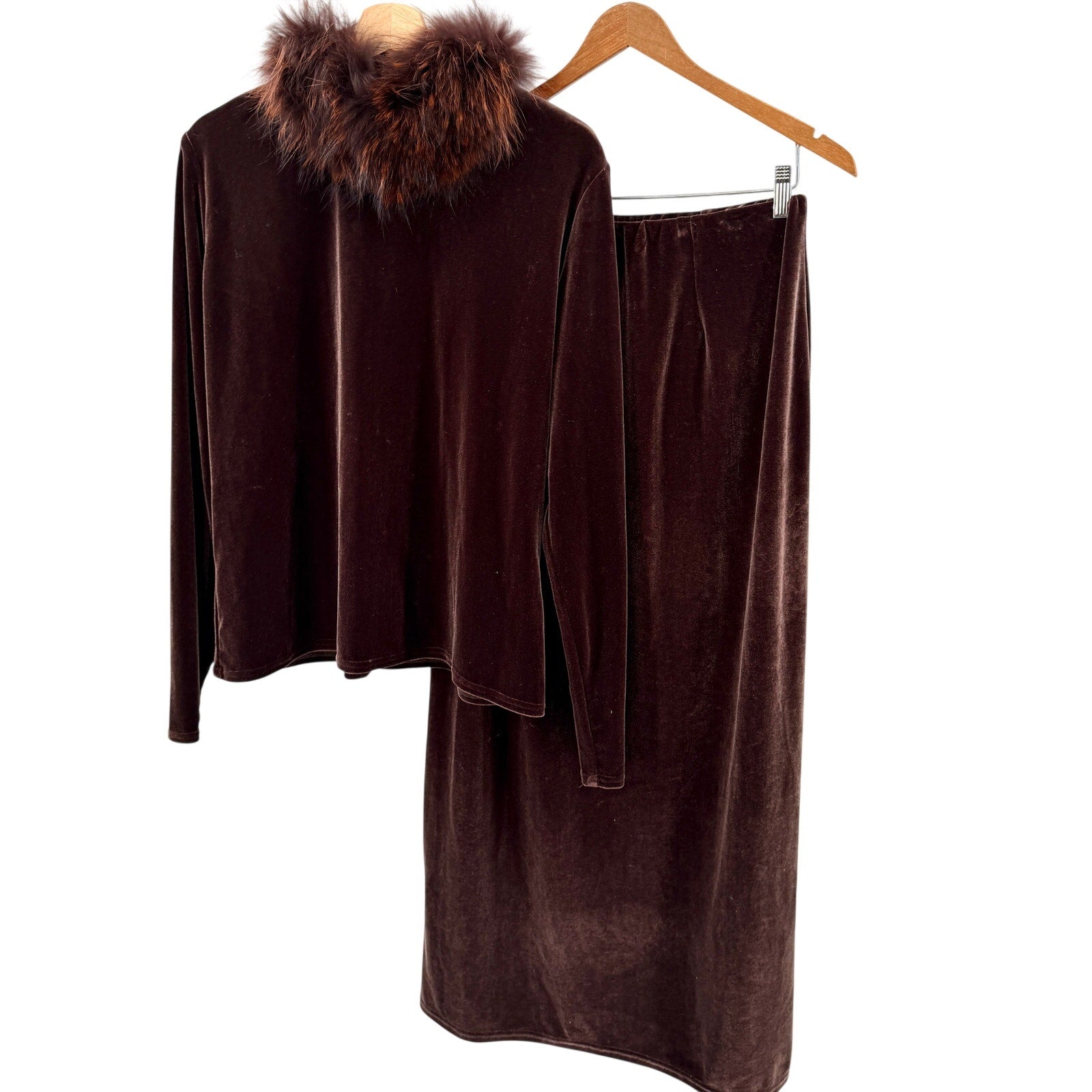 Vintage Y2K Double D Ranch Brown Velvet Genuine Fur Collar Skirt Suit Set