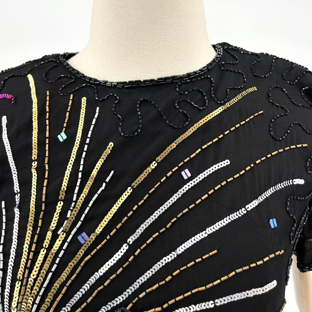 Vintage 90s Adrianna Papell Black 100% Silk Sequin Champagne NYE Top