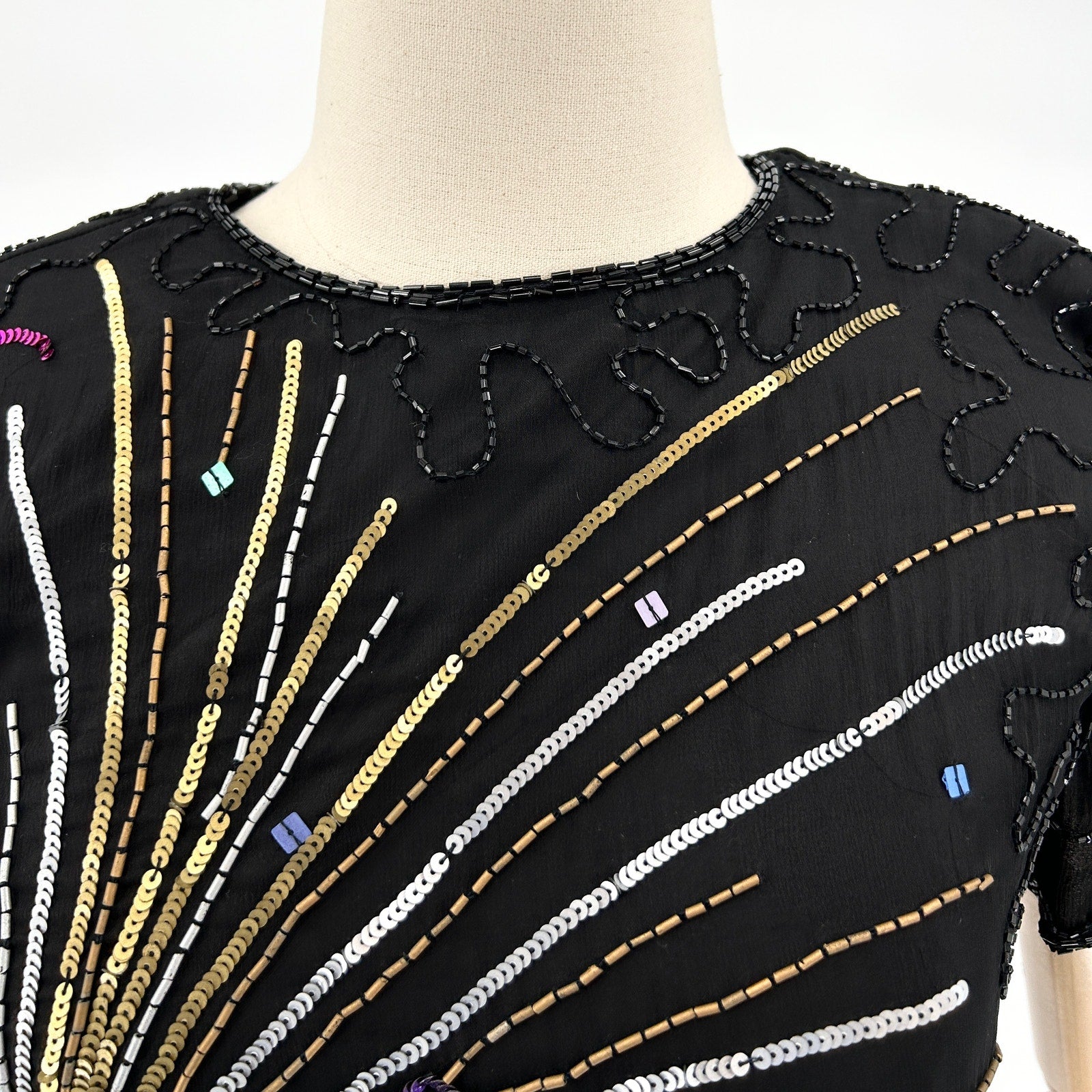 Vintage 90s Adrianna Papell Black 100% Silk Sequin Champagne NYE Top