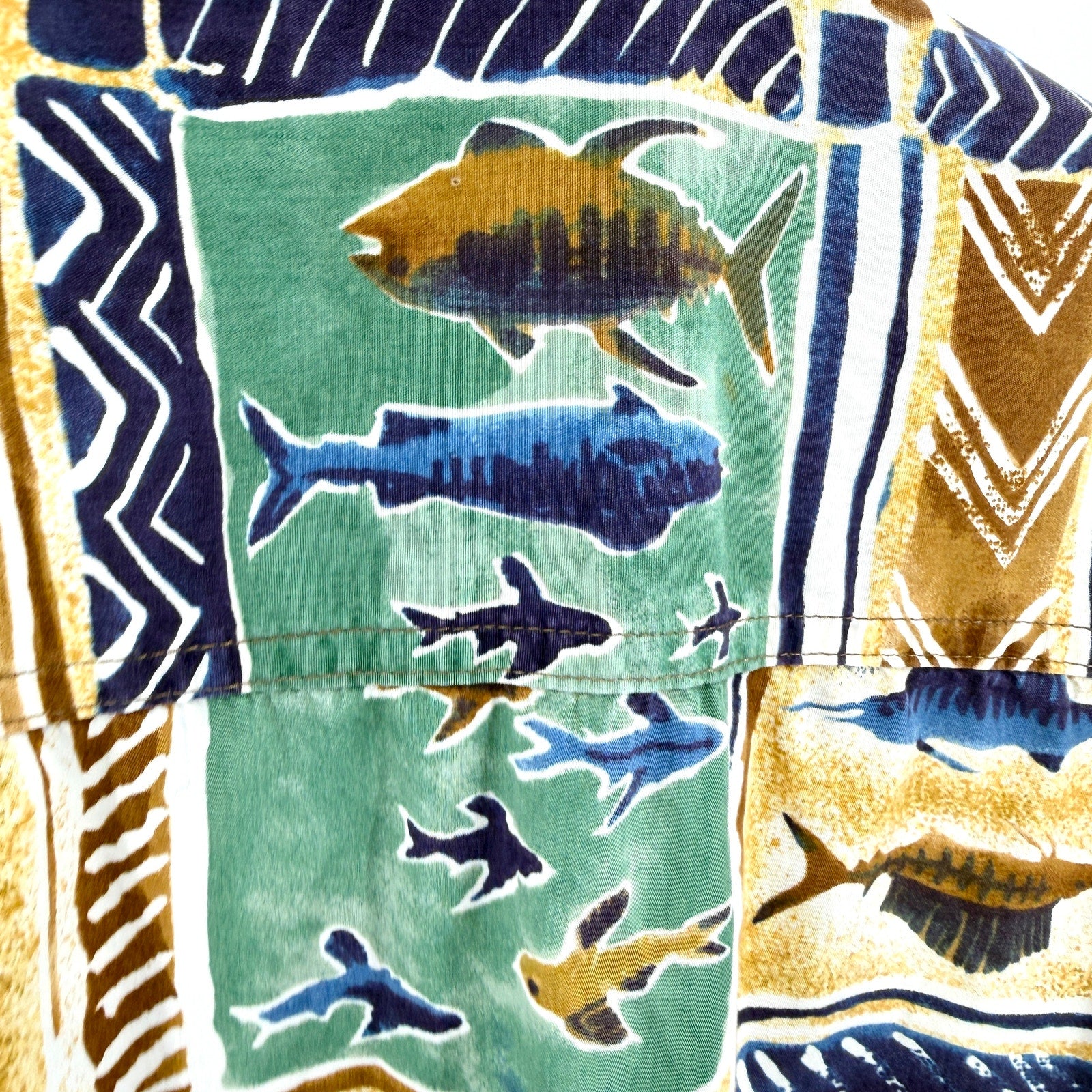 Vintage 90s Kahala Blue Green Fish Print 100% Cotton Aloha Shirt