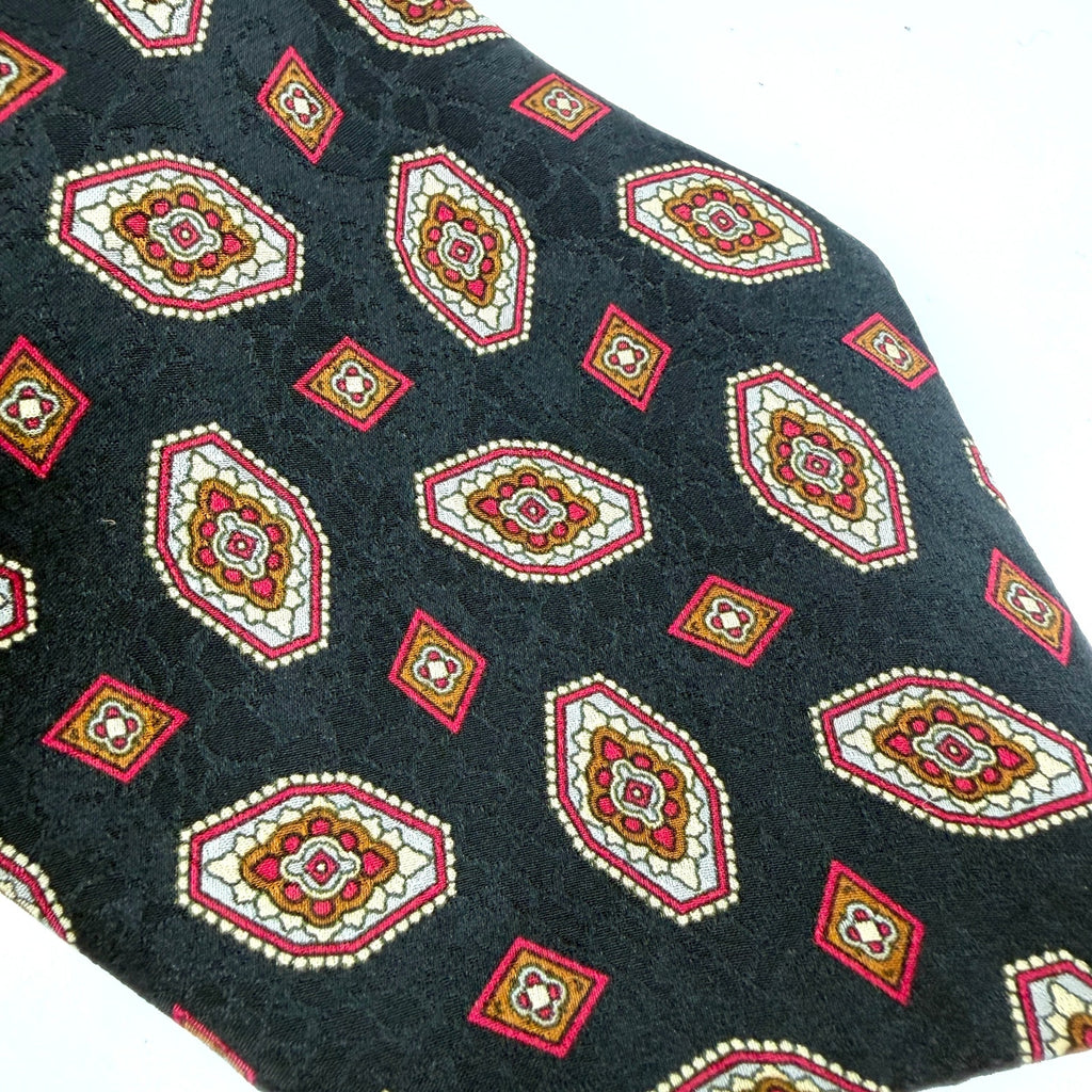 Vintage 80s Hardy Amies Black 100% Silk Red Medallion Wide Necktie