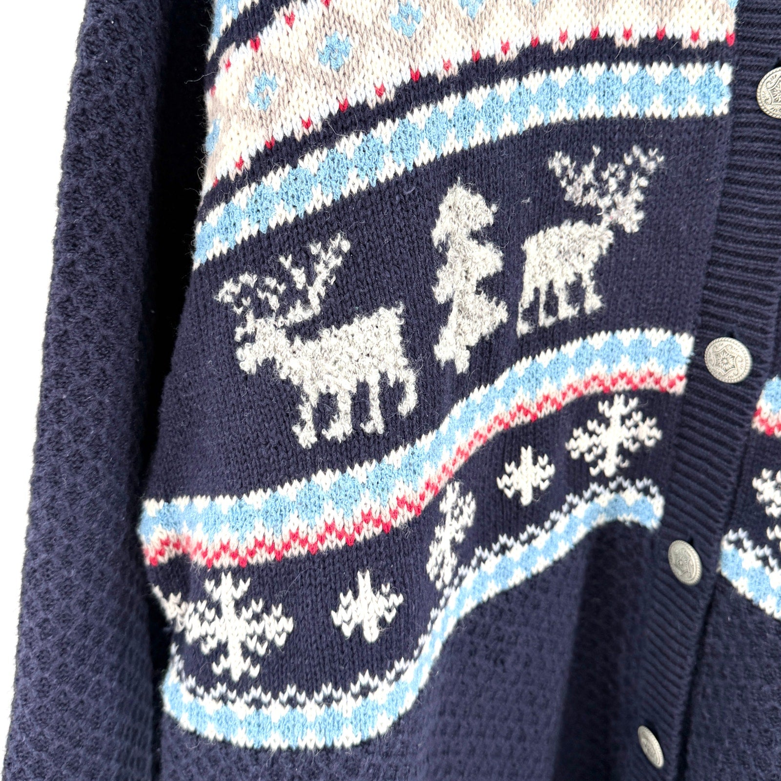 Vintage 90s Northern Reflections Navy Blue Fair Isle Reindeer Cardigan Sweater