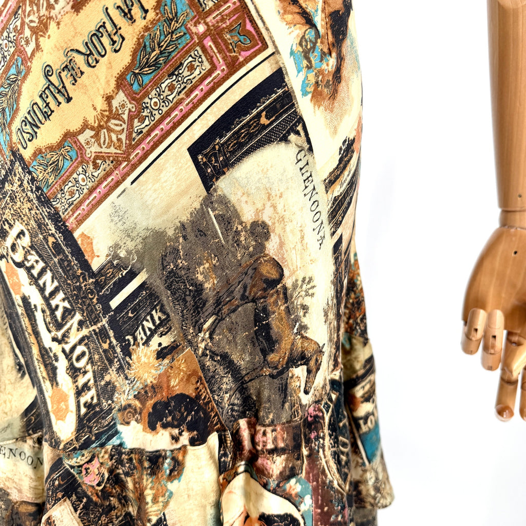 Vintage Y2K Double D Ranch Brown 100% Silk Ephemera Print Blouse Skirt Set