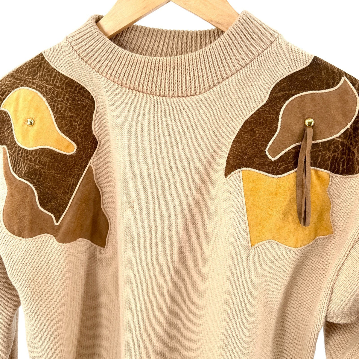 Vintage 80s Rugby Road Tan Faux Leather Tassel Abstract Applique Sweater