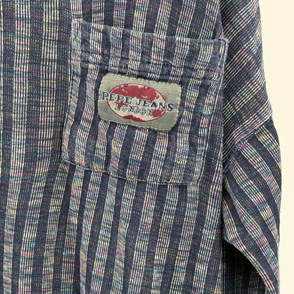Vintage 90s Pepe Jeans London Blue 100% Cotton Rainbow Striped Pocket Shirt