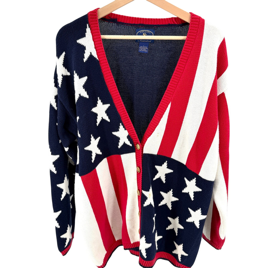 Vintage 90s Chelsea Charter Club Navy Red White 100% Cotton Cardigan