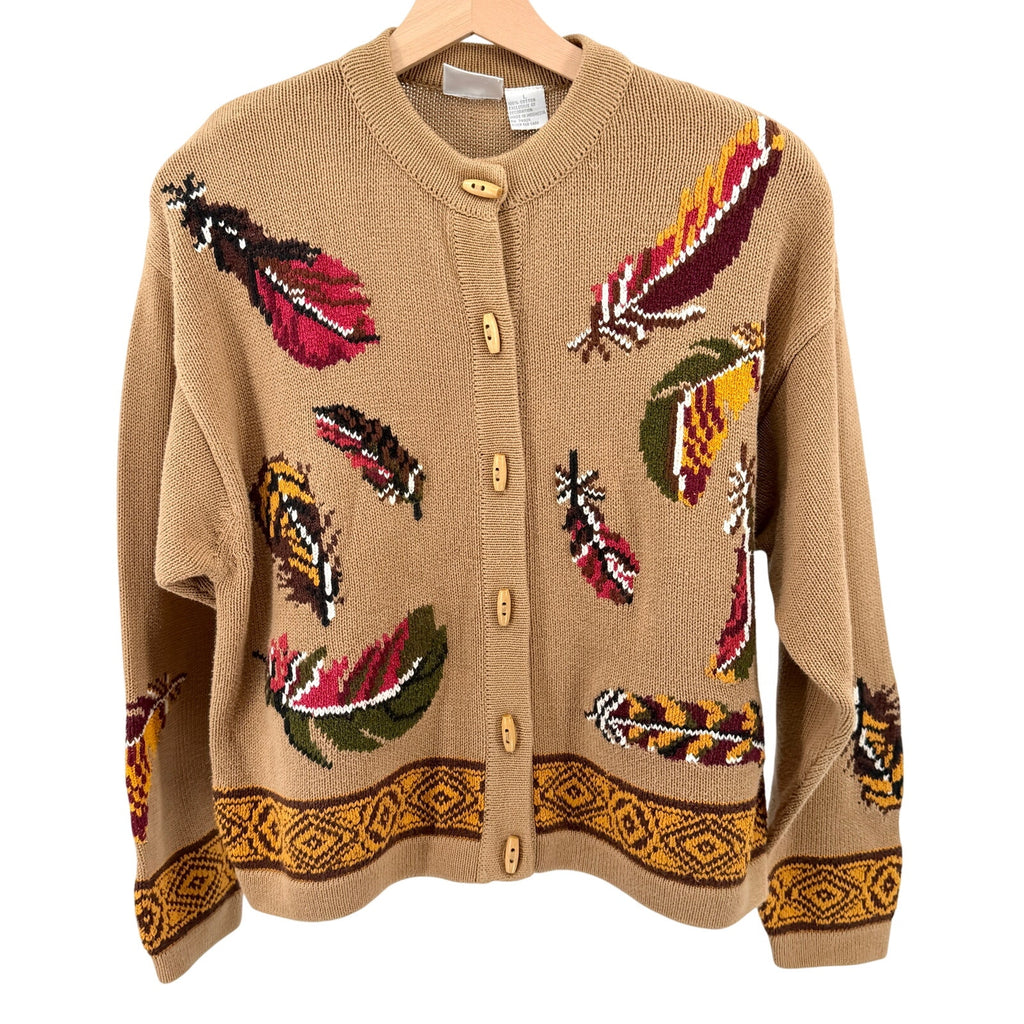 Vintage 90s First Issue Tan Brown 100% Cotton Toggle Knit Cardigan