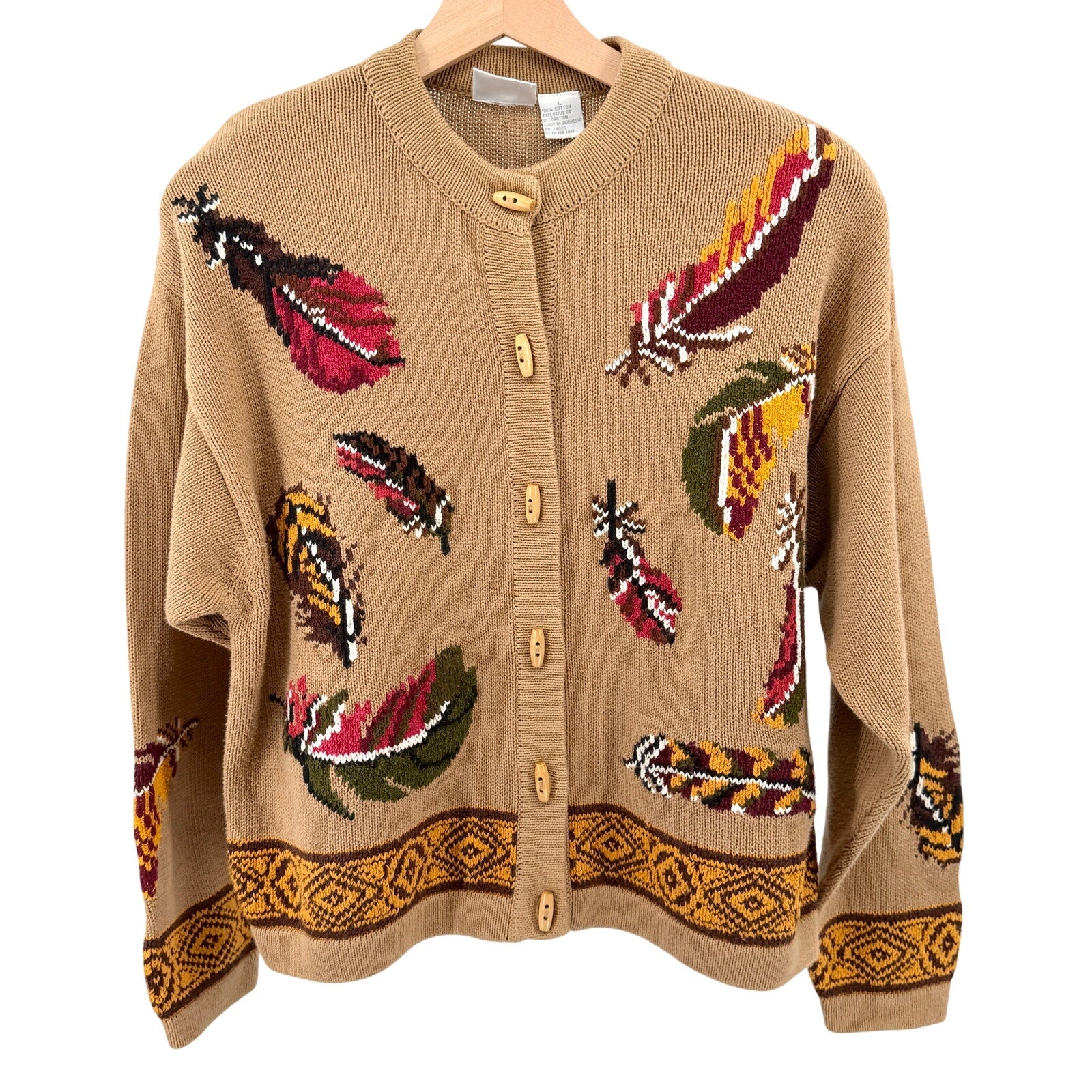 Vintage 90s First Issue Tan Brown 100% Cotton Toggle Knit Cardigan