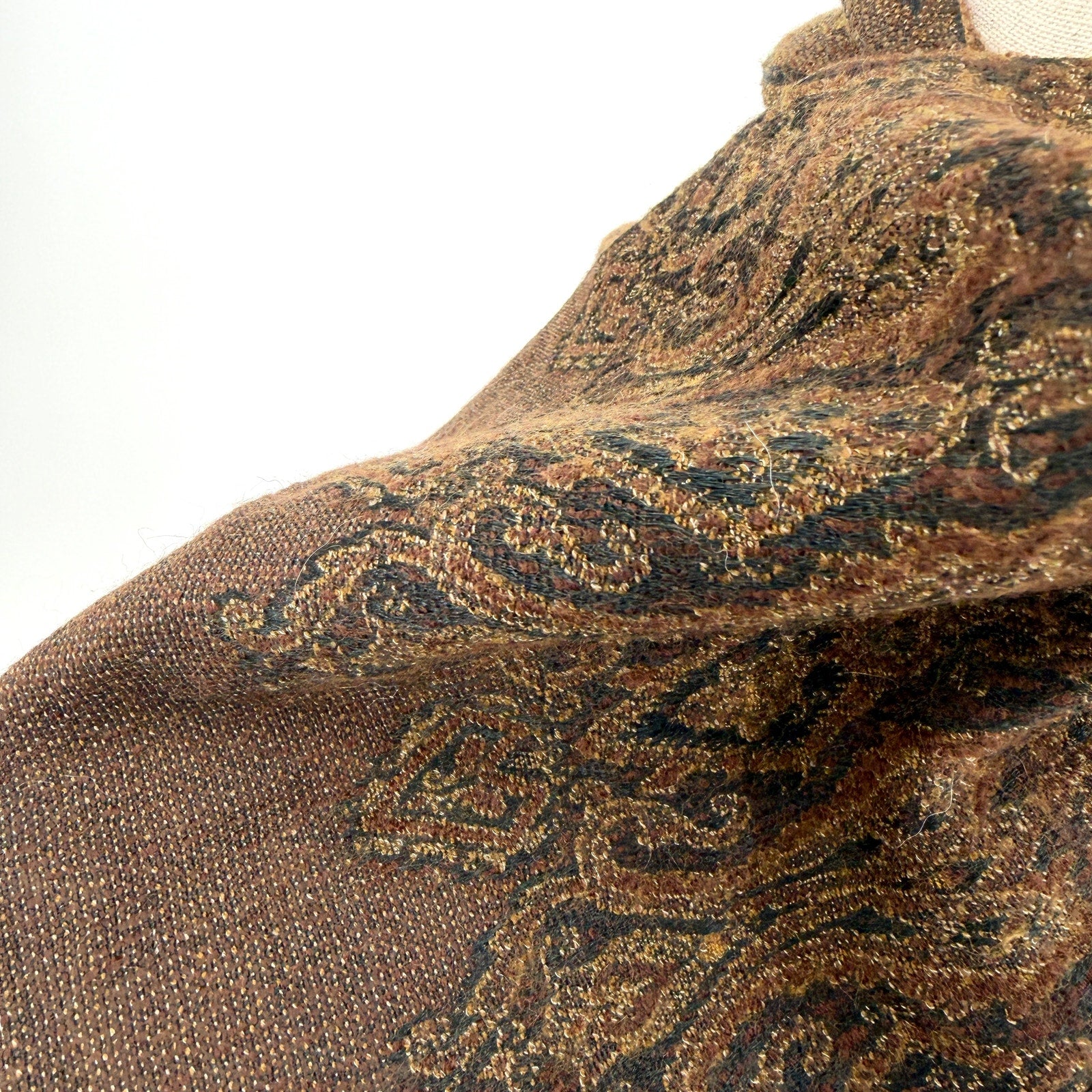 Vintage Y2K Olive Green Paisley 100% Wool Woven Fringe Oblong Scarf