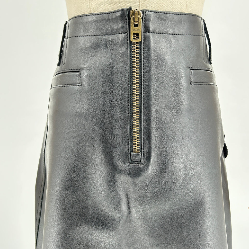 Coach Black Calf Leather Viscose Lined Cargo Pocket Mini Skirt