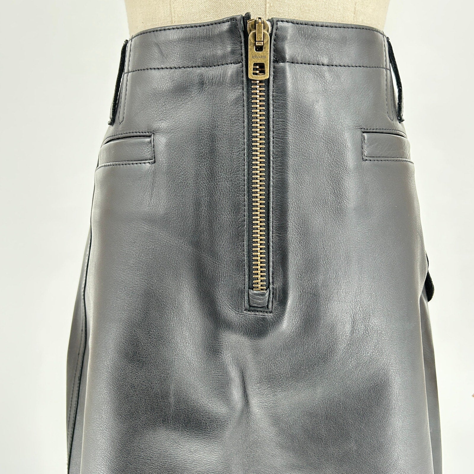 Coach Black Calf Leather Viscose Lined Cargo Pocket Mini Skirt
