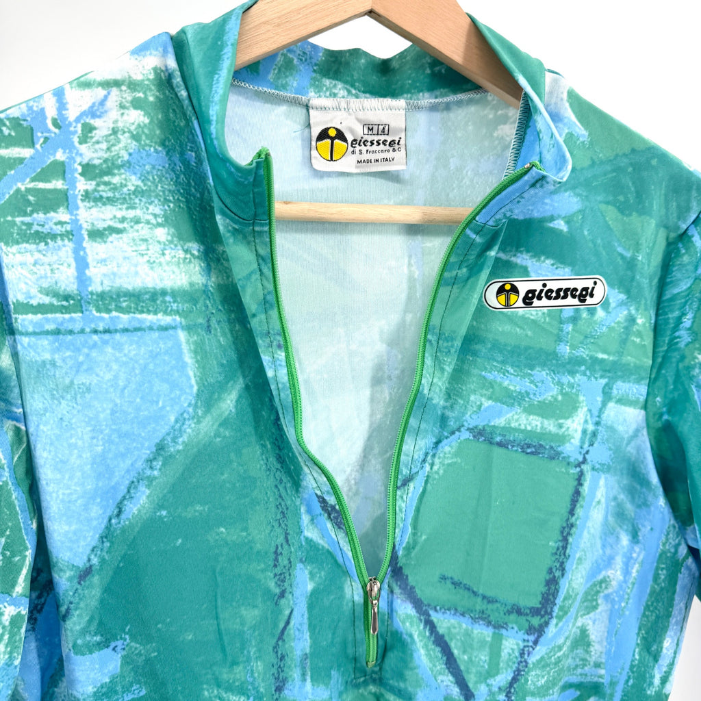 Vintage 90s Giessegi Teal Blue Abstract Print Half-Zip Cycling Jersey