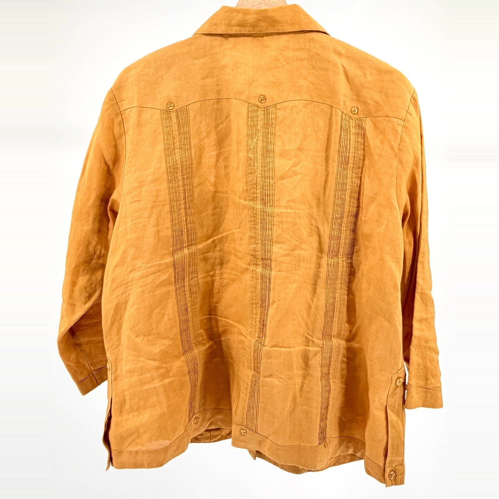 Vintage Y2K J.M.P. Ochre Yellow Linen Keyhole Guayabera Blouse