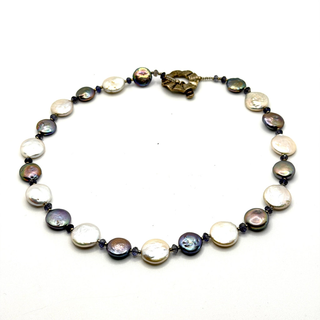 Vintage 90s Genuine Freshwater White Grey Coin Pearl Toggle Statement Necklace