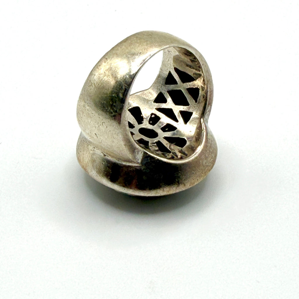 Vintage 90s Signed Black Enamel Rhinestone Sterling Silver Dome Cocktail Ring