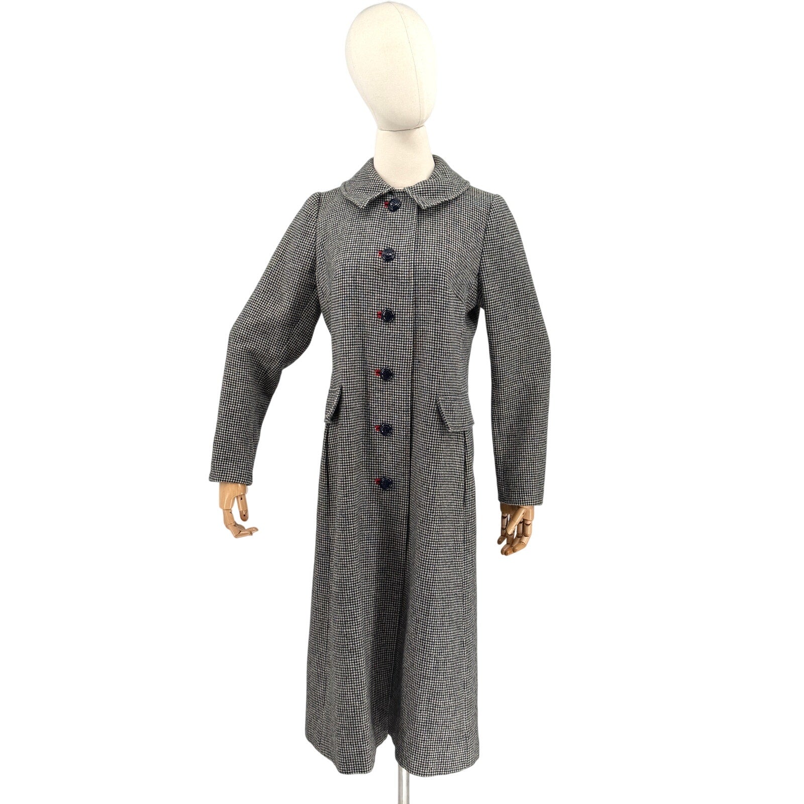 Vintage 60s Montaldos Black White Houndstooth Long Overcoat