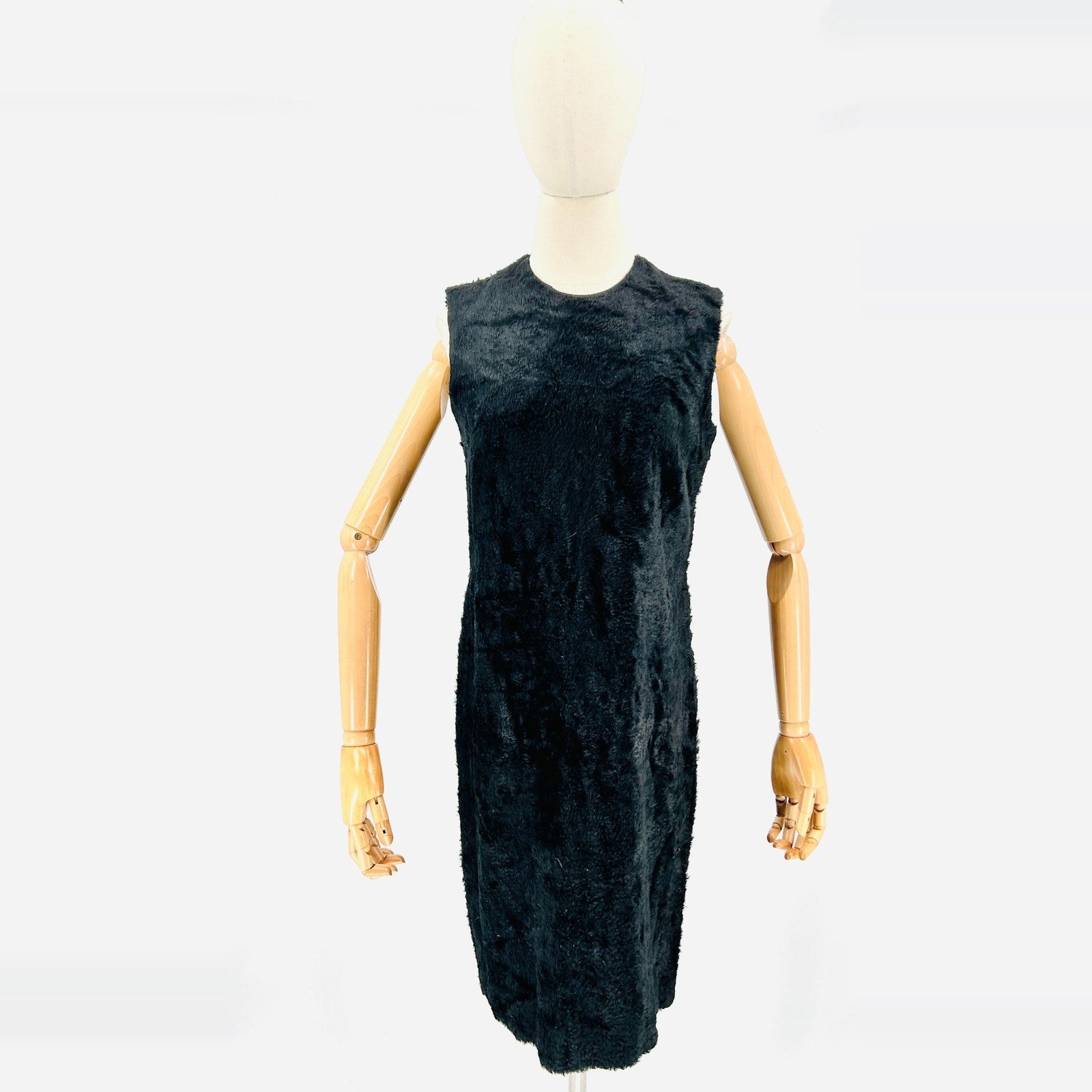 Rare Vintage 80s Handmade Black Faux Fur Sleeveless Midi Mod Retro Dress