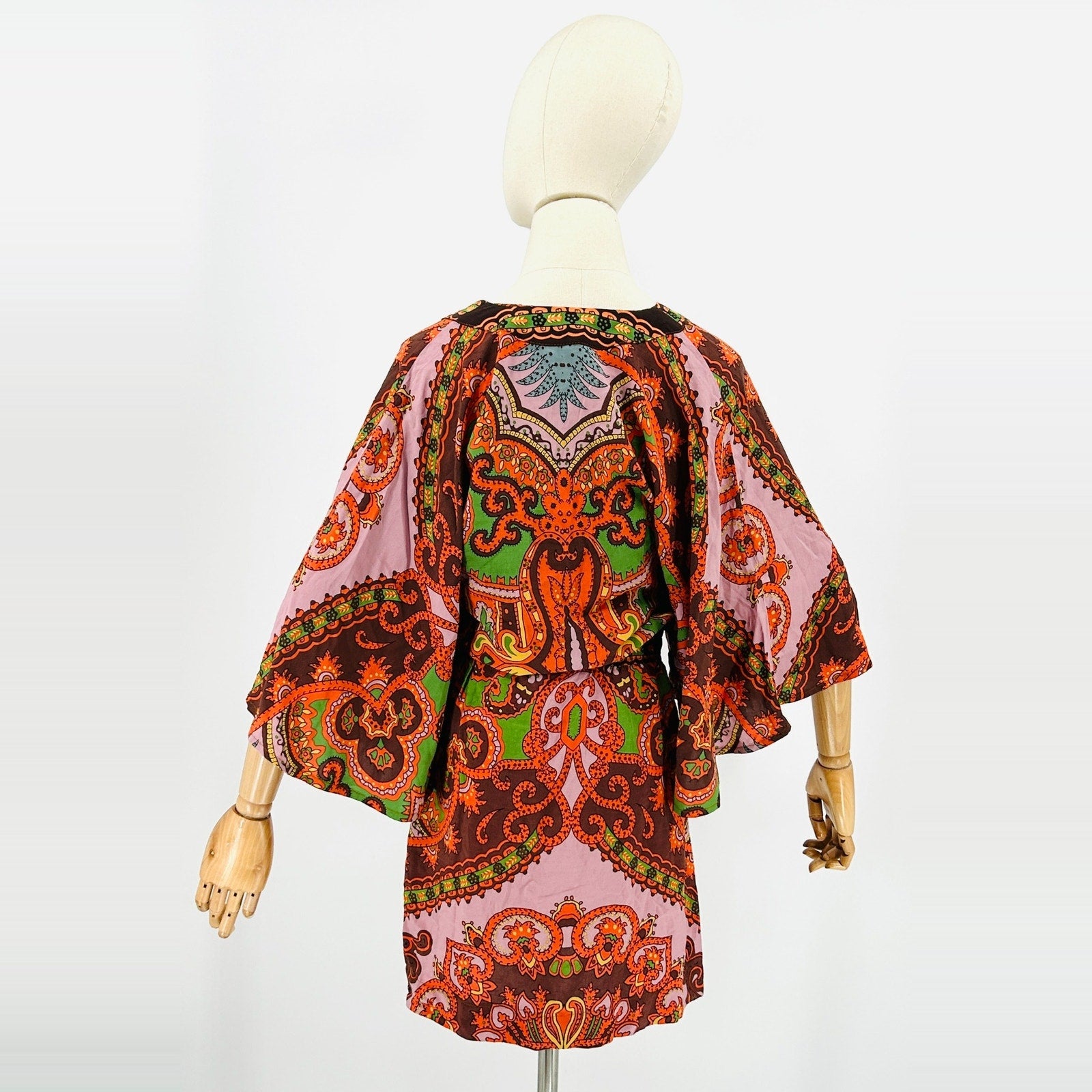 Farm Rio Pink Orange Green Brown Paisley Tapestry Lace-Up Mini Dress