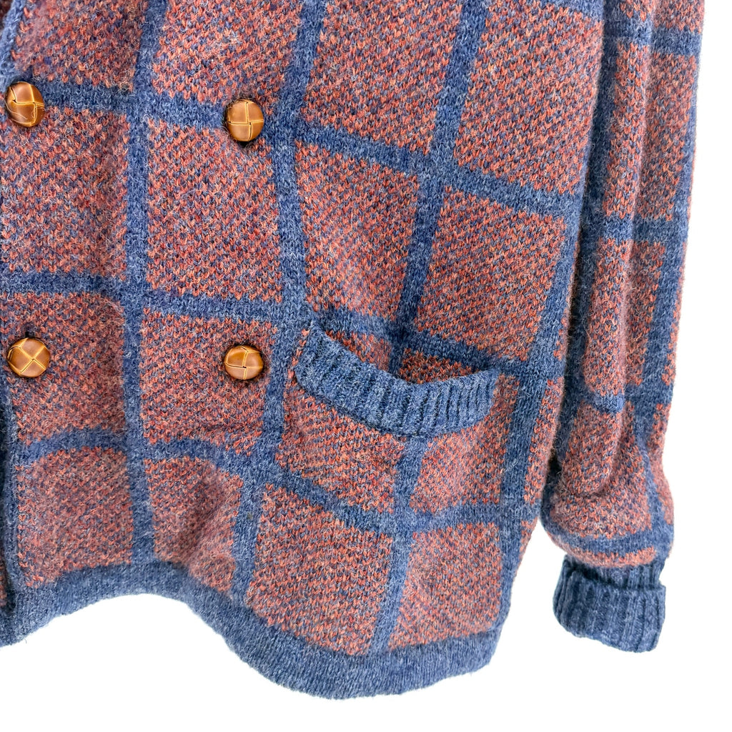 Vintage 80s Alan Flusser Blue Orange 100% Wool Plaid Double Breasted Cardigan
