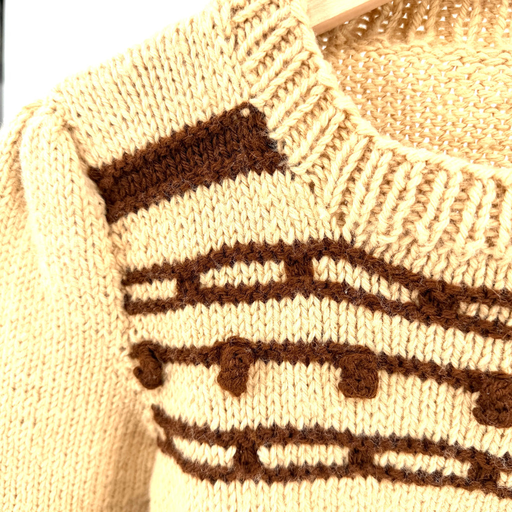 Handmade Vintage 70s Tan Brown Wool Blend Bobble Knit Puff Sleeve Sweater