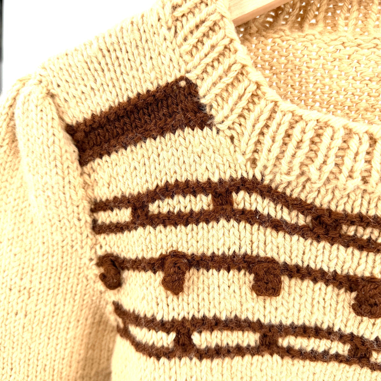 Handmade Vintage 70s Tan Brown Wool Blend Bobble Knit Puff Sleeve Sweater
