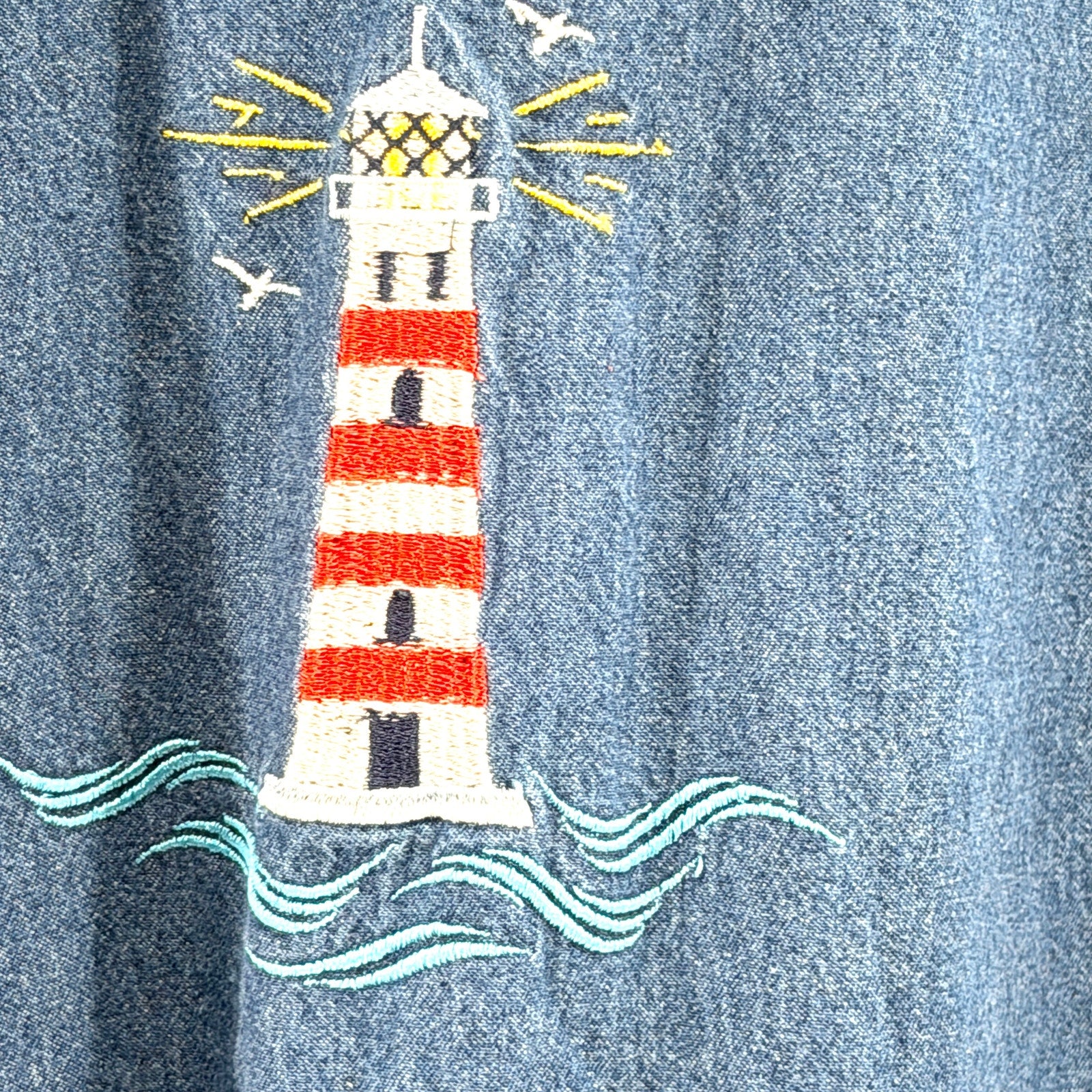 Vintage Blair Blue Nautical Lighthouse Embroidery 100% Cotton A-Line Denim Dress