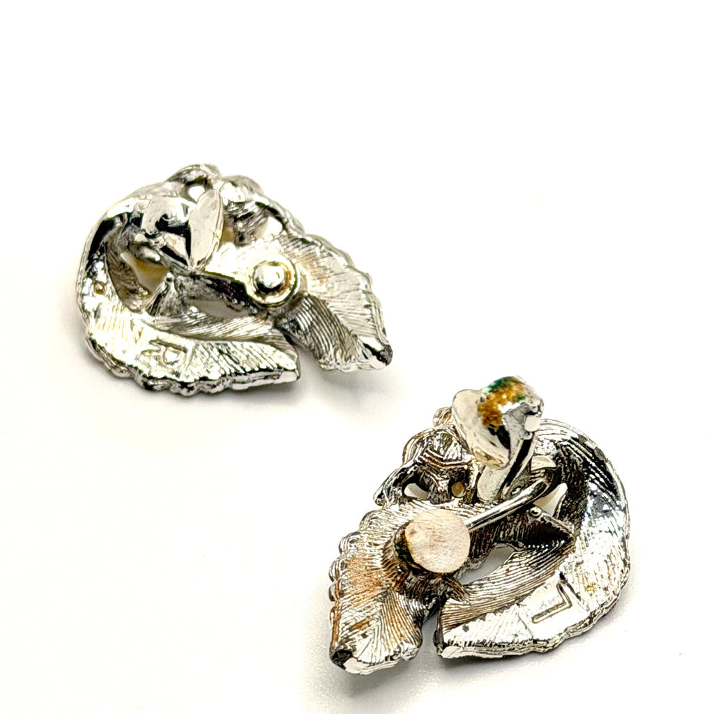 Vintage 60s Sarah Coventry Silver Faux Pearl Signed Leaf Clip On Earrings