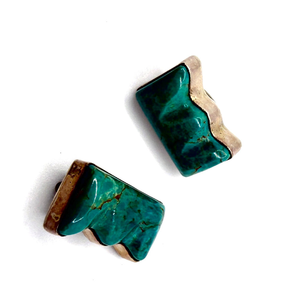 Vintage 90s Stamped Silver Creations Troutman Sterling Turquoise Clip Earrings