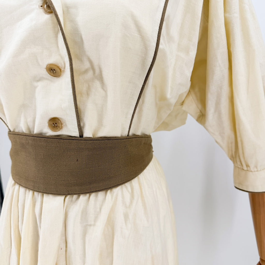 Vintage 80s Albert Capraro Cream Belted A-Line Midi Dress