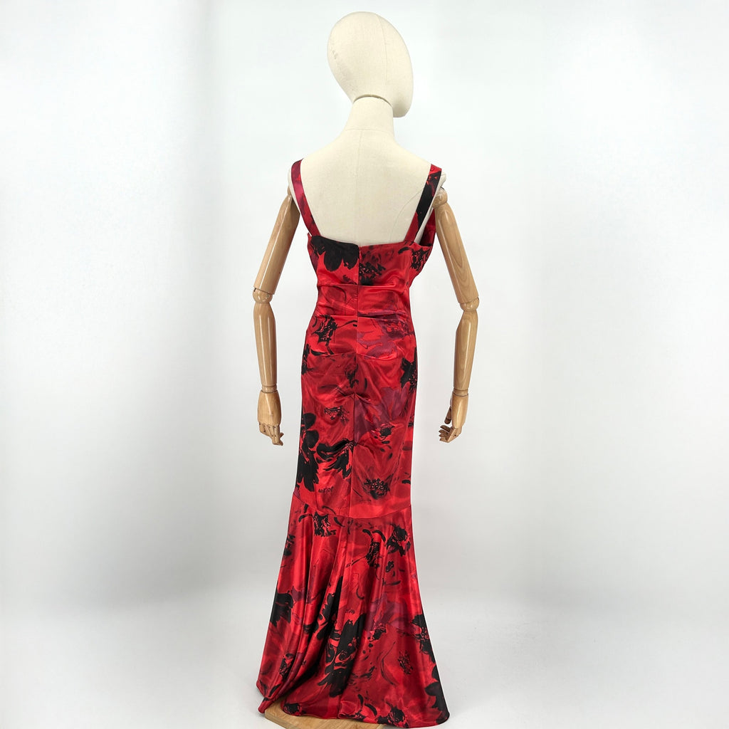 Vintage 90s Jump Apparel Red Satin Floral Evening Gown Dress