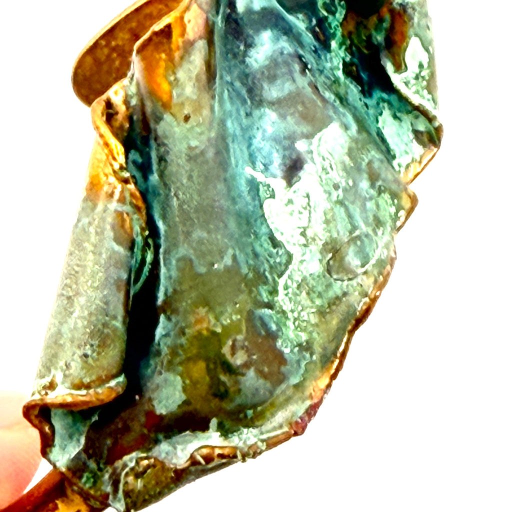 Vintage 70s Brutalist Artisanal Copper Verdigris Patina Sculptural Cuff Bracelet