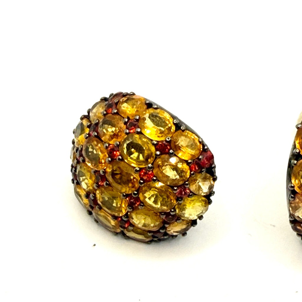 Vintage 90s Genuine Yellow Sapphire Garnet Dome Statement Stud Earrings