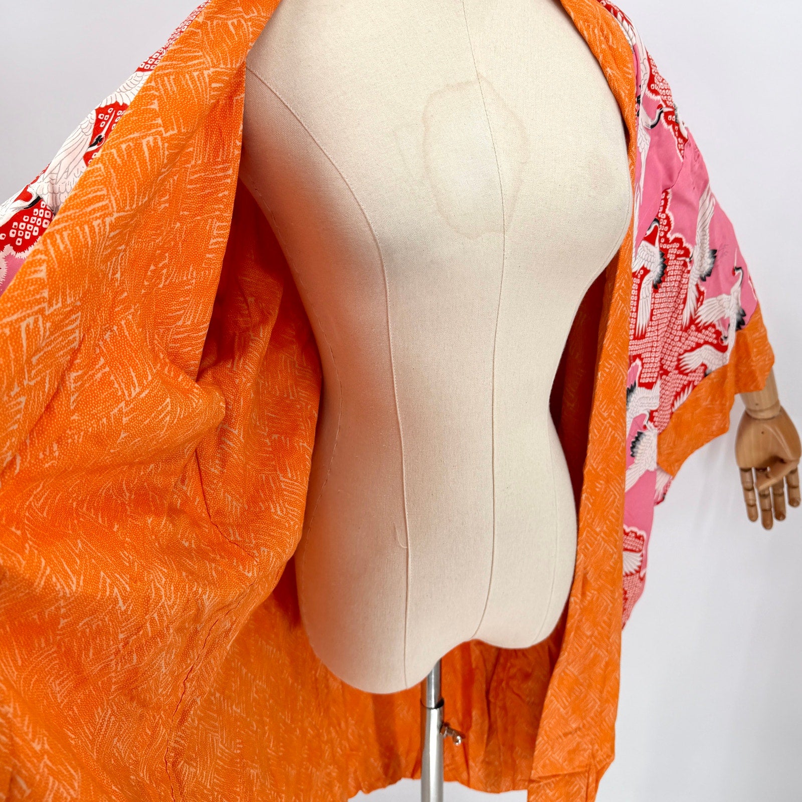 Vintage 60s Showa Era Pink Orange Silk Crane Motif Haori Kimono Jacket