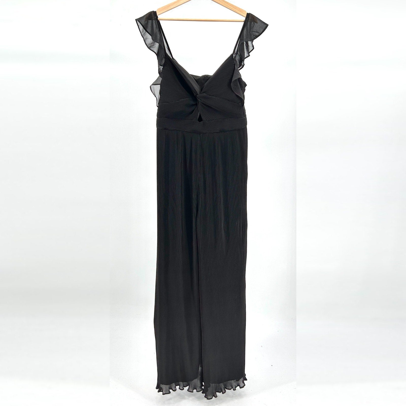 New ASTR The Label Black Chiffon Micro Pleat Ruffle Sleeve Wide Leg Jumpsuit