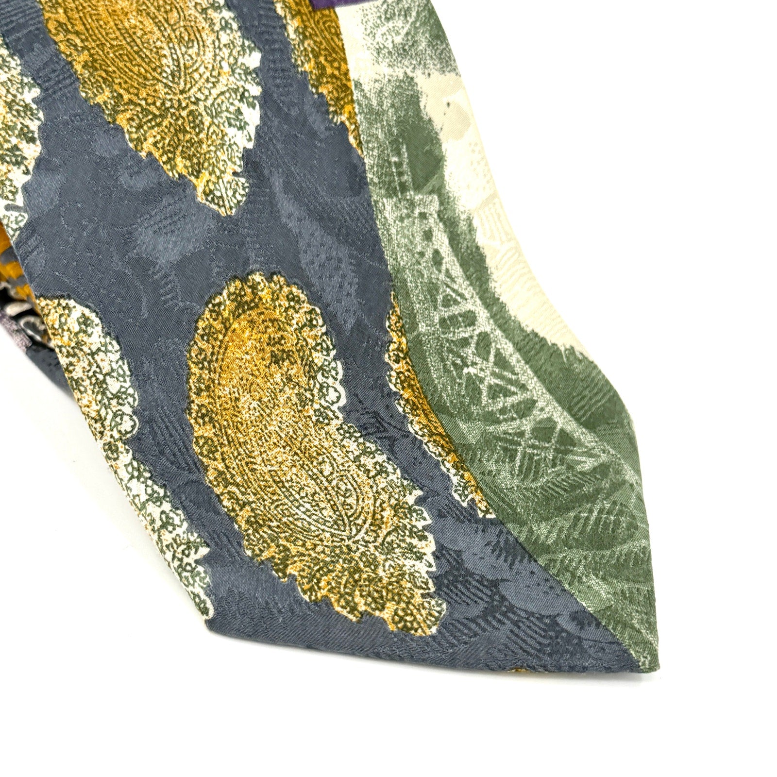 Vintage 90s Hubert Milano Sage Green Purple 100% Silk Graphic Paisley Necktie
