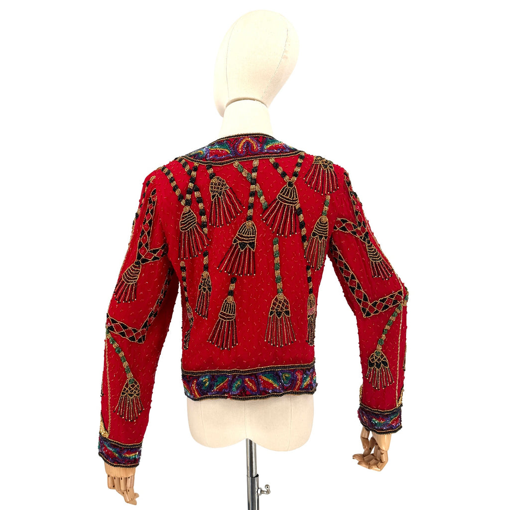 Vintage 90s Laurence Kazar Red 100% Silk Beaded Tassel Glam Statement Jacket