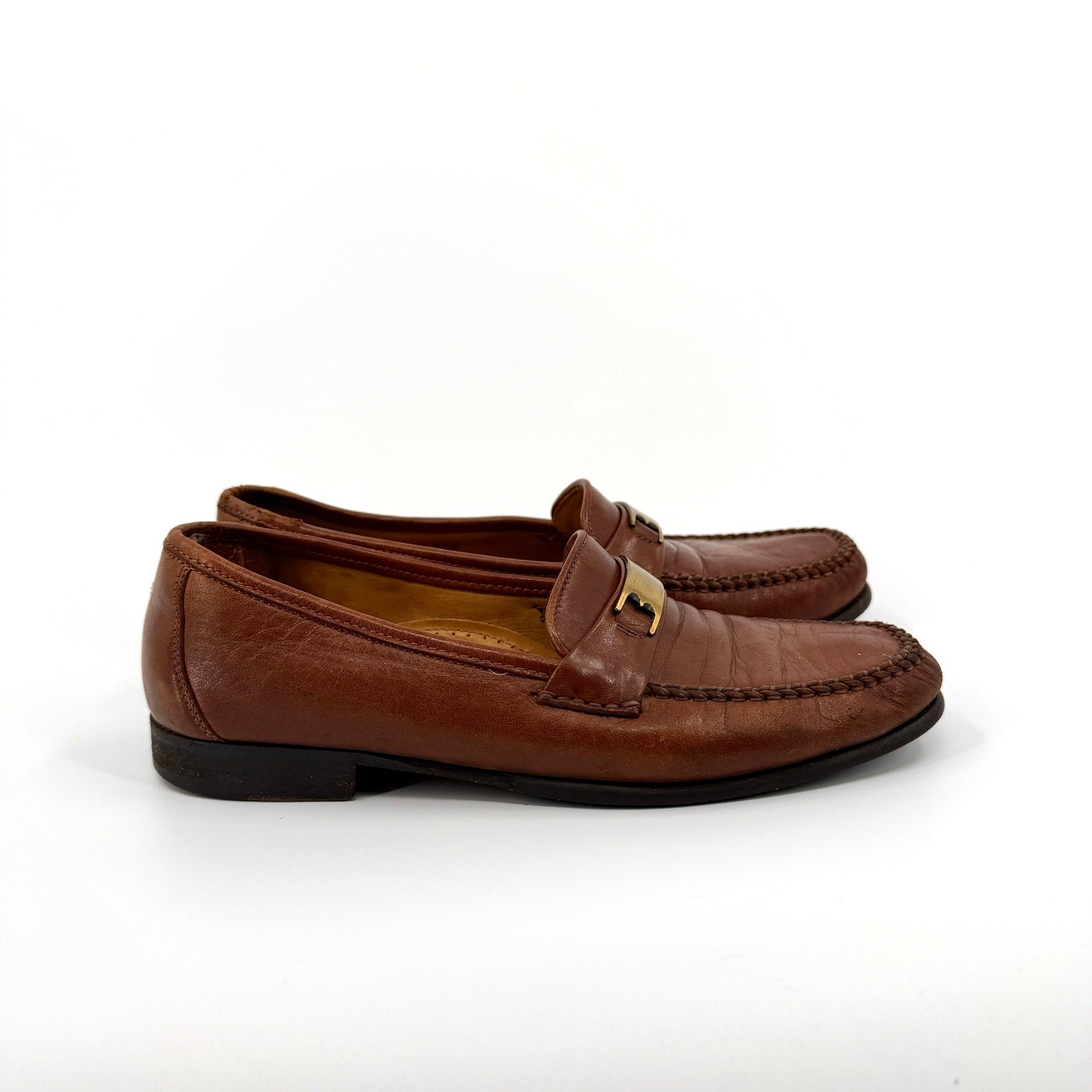 Vintage 80s Bally Italian Brown Leather Ruvera Gold Bit Loafers