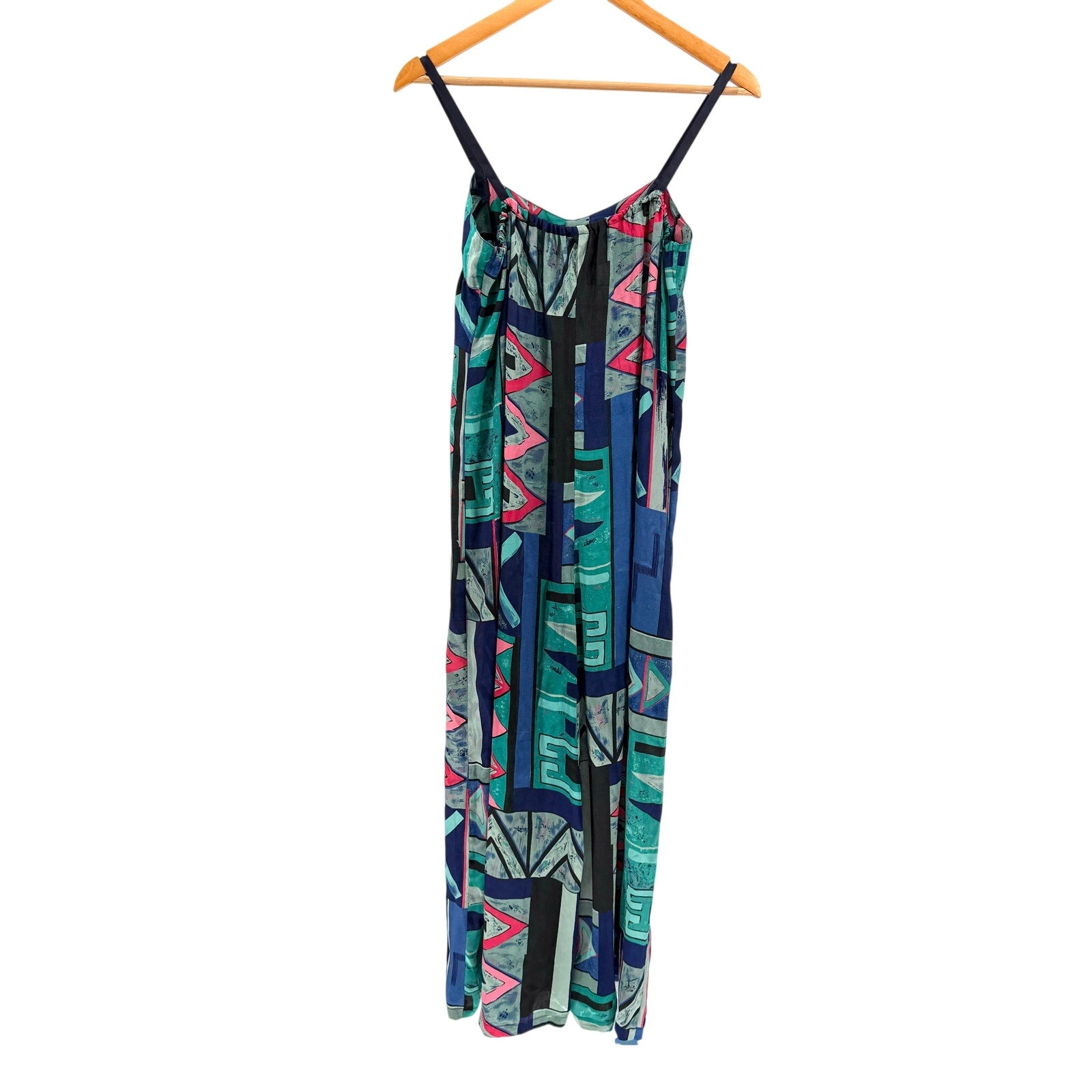 Vintage 90s Teal Pink Geometric Print Wide Leg Satin Jumpsuit
