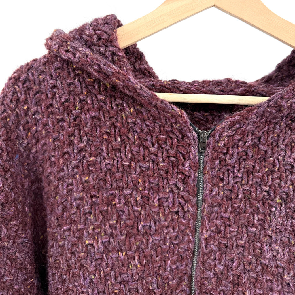 Vintage 90s Custom Knit Purple 100% Wool Hooded Steel Zip Cardigan Sweater