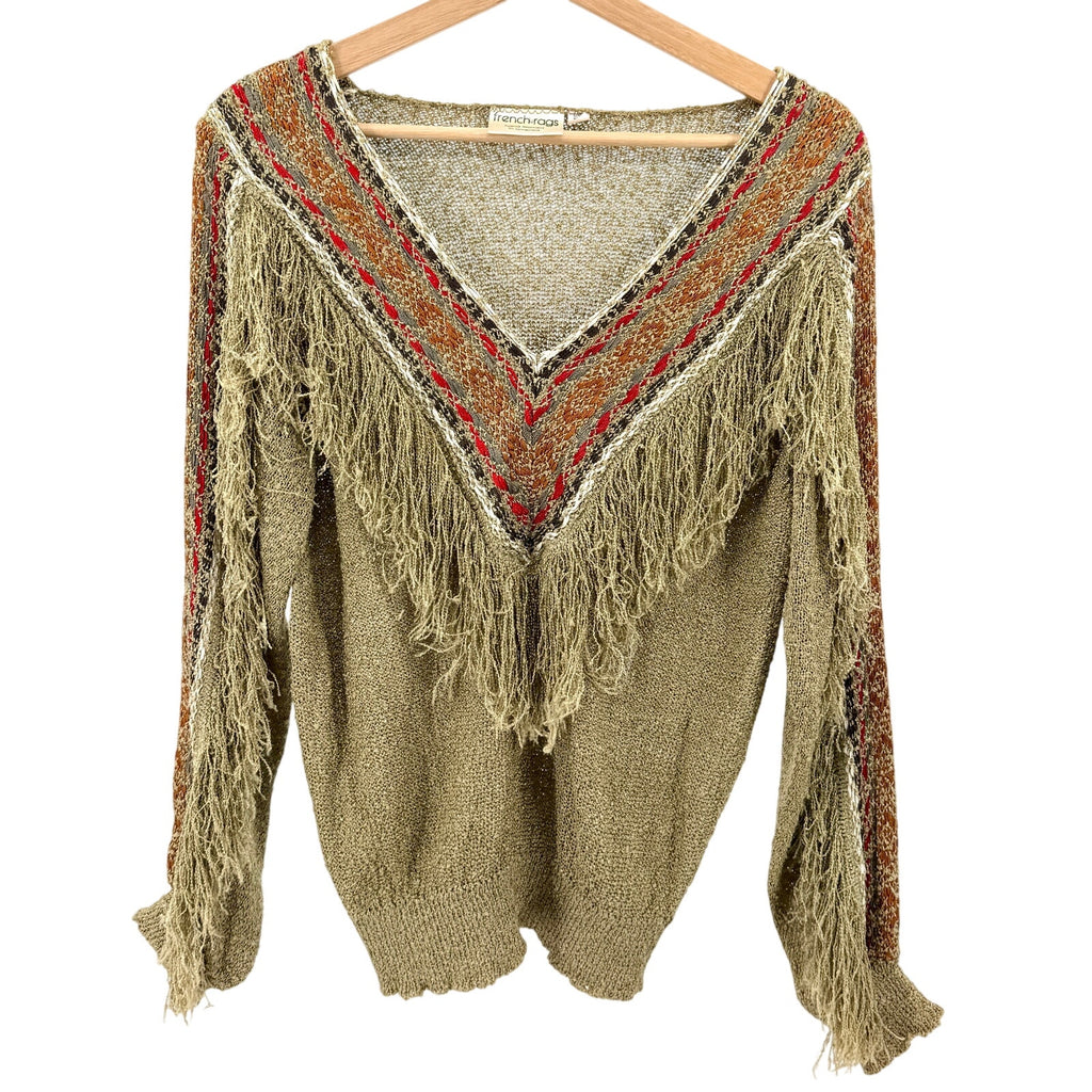 Vintage 80s French Rags Olive Fringe Trim Southwestern Sweater