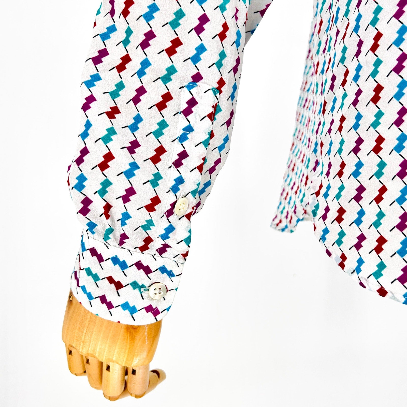 Vintage 80s Evan-Picone White Multicolor Geometric Pussybow Blouse
