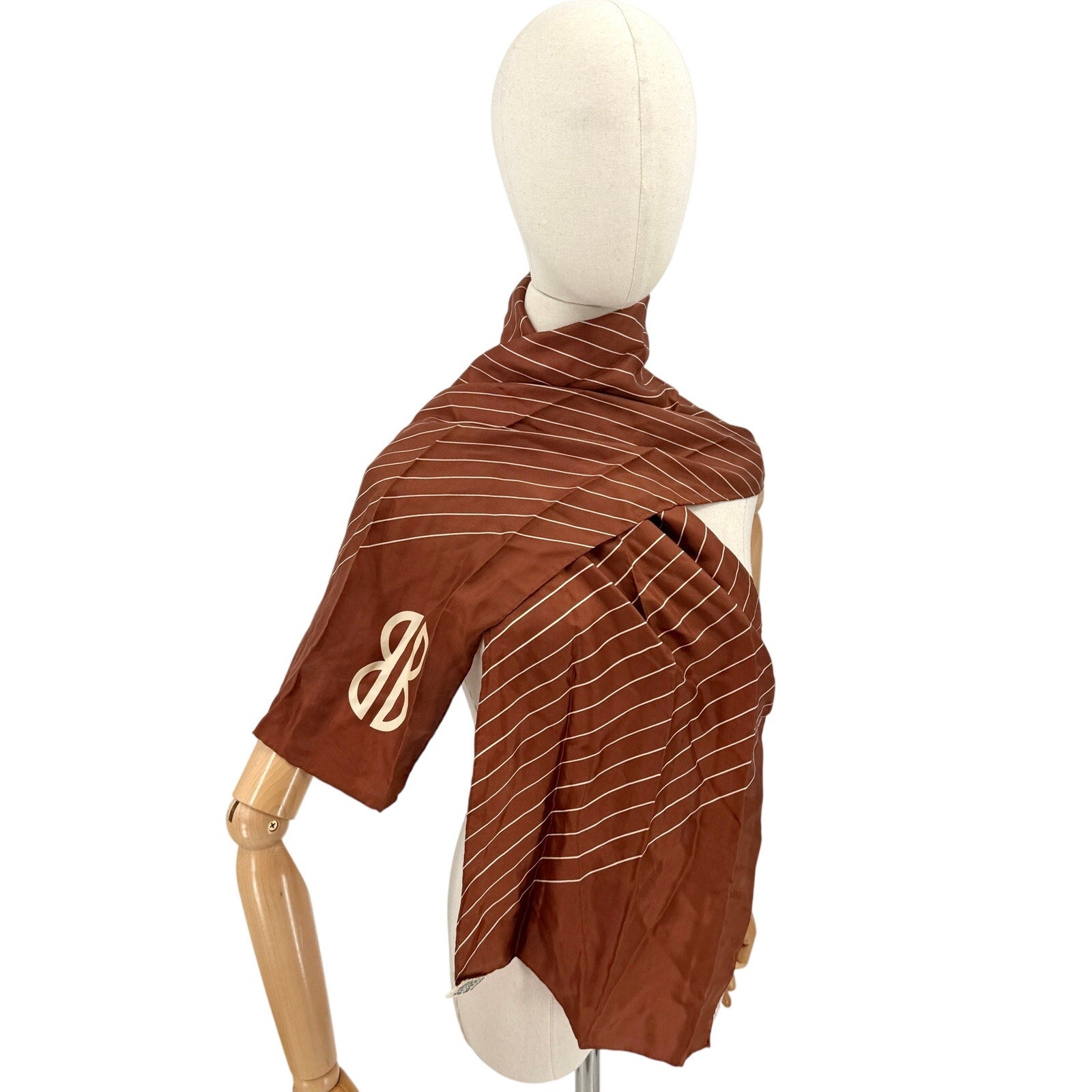 Vintage 70s Bill Blass Brown 100% Silk Pinstripe Scarf Made in Japan