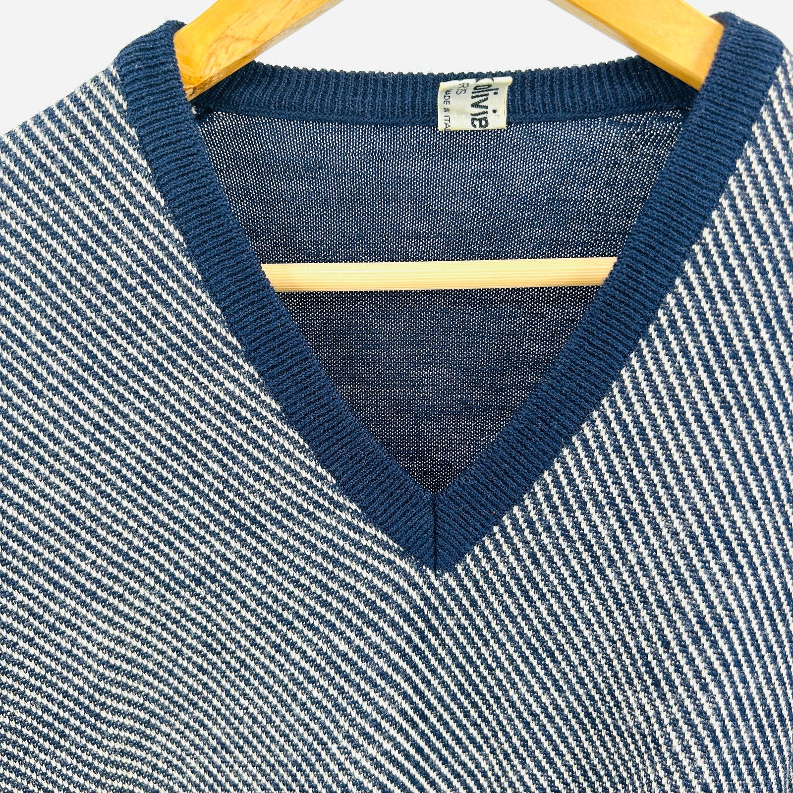 Vintage 80s Franck Olivier Paris Navy Blue Wool Blend Striped V Neck Sweater