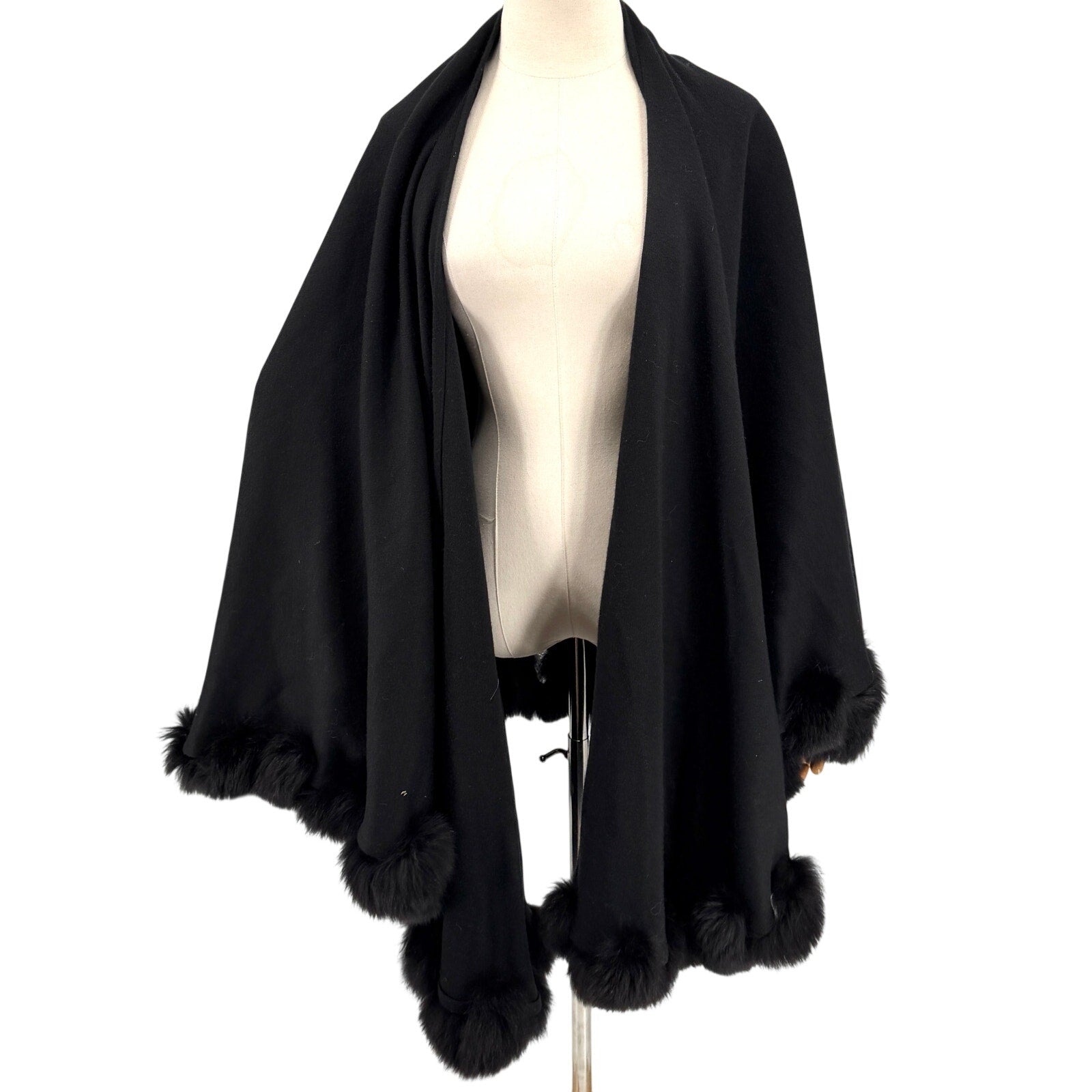 Caruana Black Heavy Knit Genuine Fur Trim Elegant Outerwear Cape Ruana