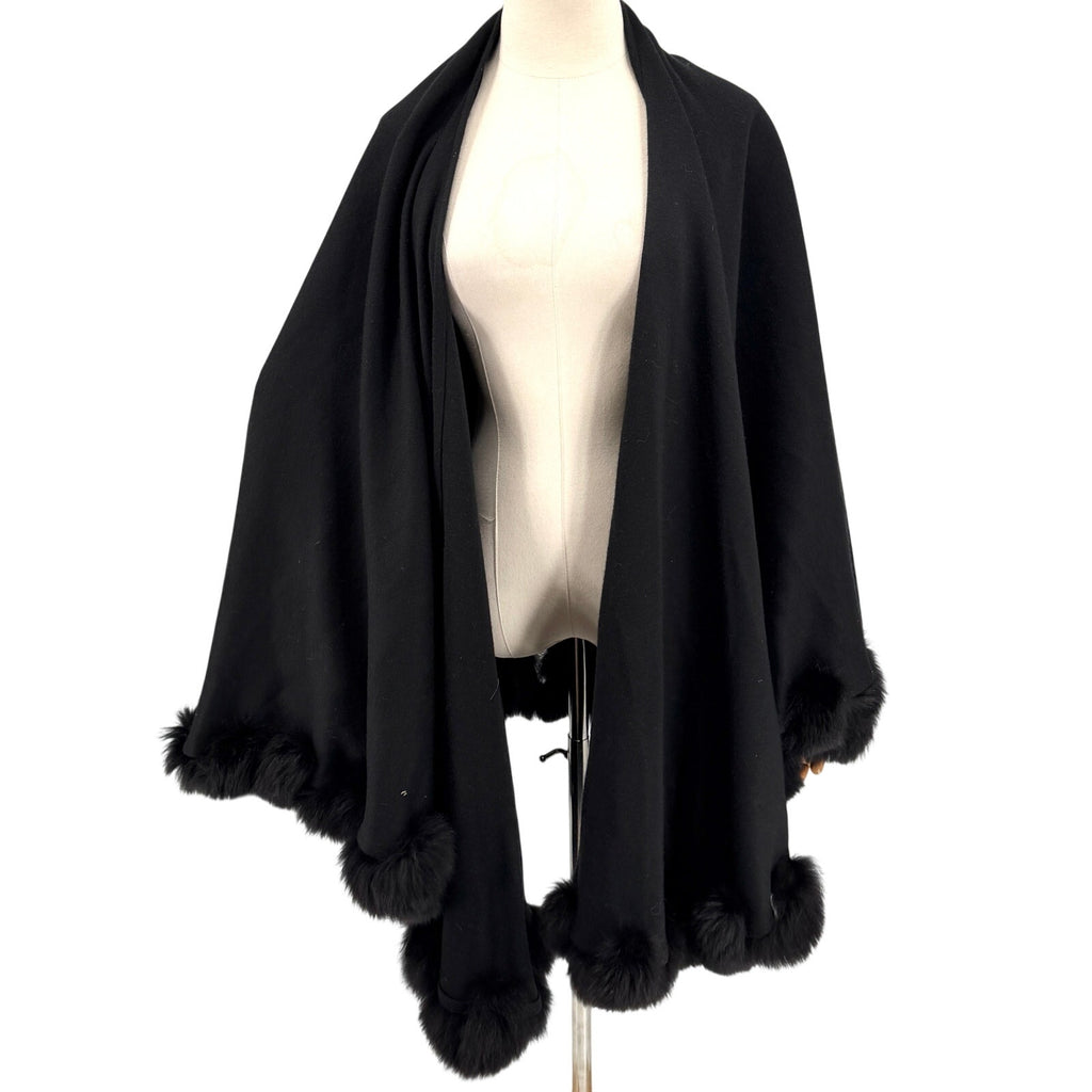Caruana Black Heavy Knit Genuine Fur Trim Elegant Outerwear Cape Ruana